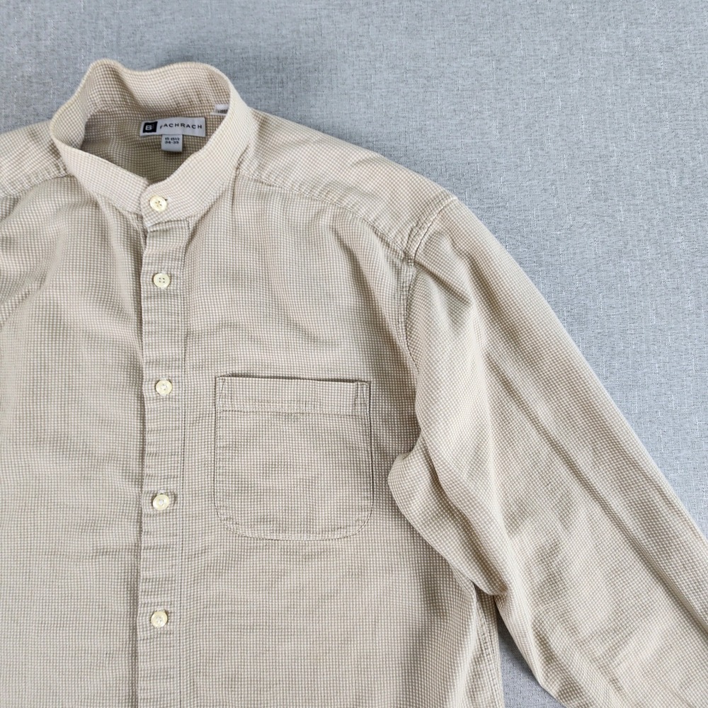 Bachrach Mens 15/34 Mandarin Collar Shirt Tan White Gingham Cotton Long Sleeve
